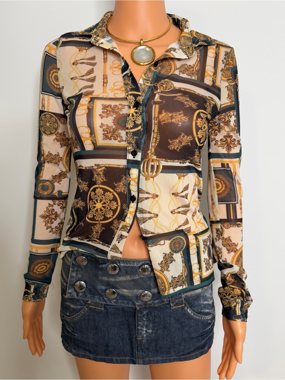 Guess Baroque Chain Print Mesh Shirt Cream Teal Gold Long Sleeve Size XS